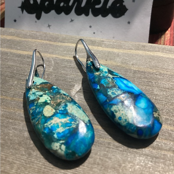 🌼 Blue &Teal  Natural Sea Jasper Stone Drop Earrings with Silver - Picture 5 of 10